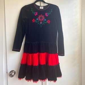 Hanna Andersson Girls Embroidered Tiered Velour Holiday Dress Size 14/16 160